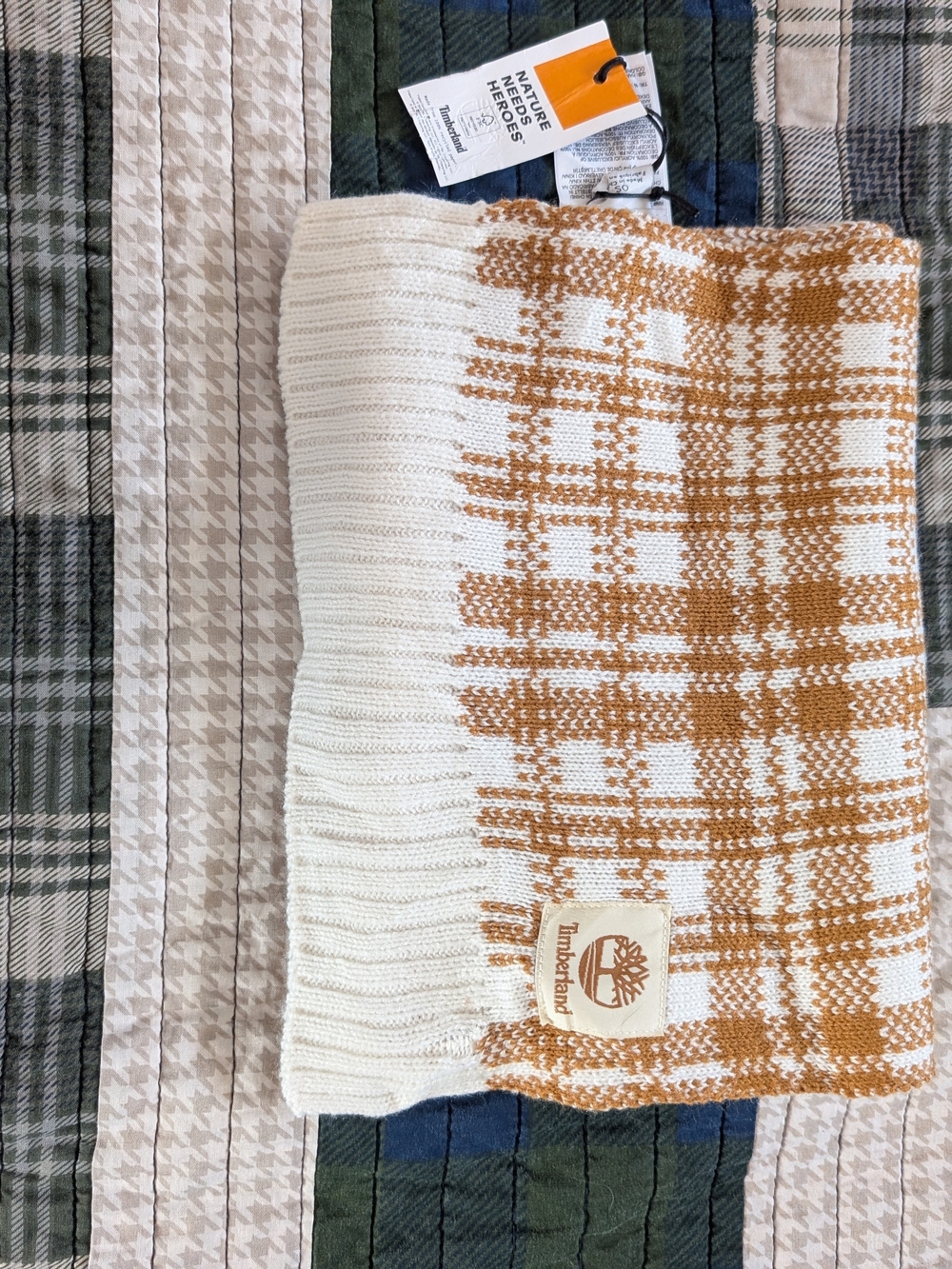 Timberland Cream and Tan Plaid Knit Throw Blanket
